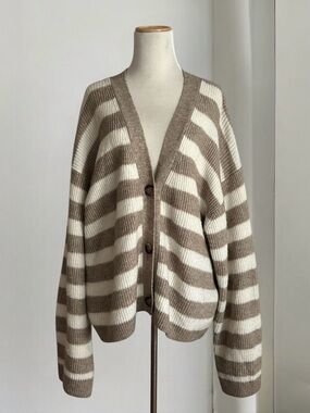 H&M Beige & White Striped Oversized Rib Knit Cardigan